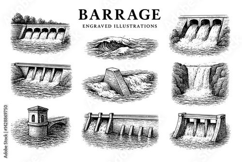 Engraved illustrations capturing the diverse forms and functions of barrages in rivers and waterways