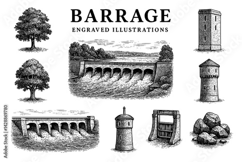 Engraved illustrations showcasing a barrage and its intricate features with surrounding nature at dusk by a serene waterway