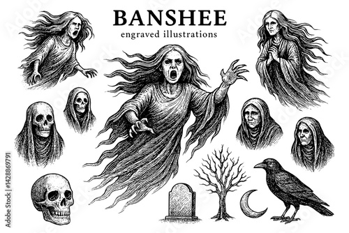 Captivating engraved illustrations of banshees and their haunting presence in folklore and legend