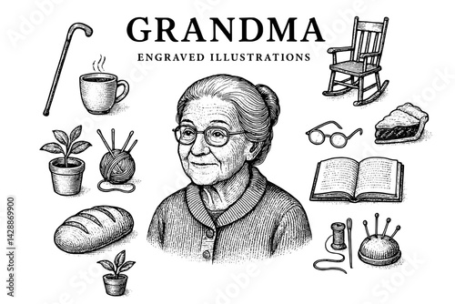 Grandma embodies warmth and wisdom through intricate engravings capturing life's small joys in cozy moments