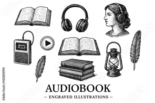 Engaging journey through storytelling with audiobooks using classic illustrations and vintage devices