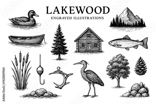 Engraved artwork showcasing the serene beauty of Lakewood's natural landscape, featuring wildlife and rustic elements
