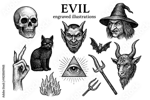 Exploring the dark allure of engraved illustrations depicting themes of evil and the supernatural in a haunting style