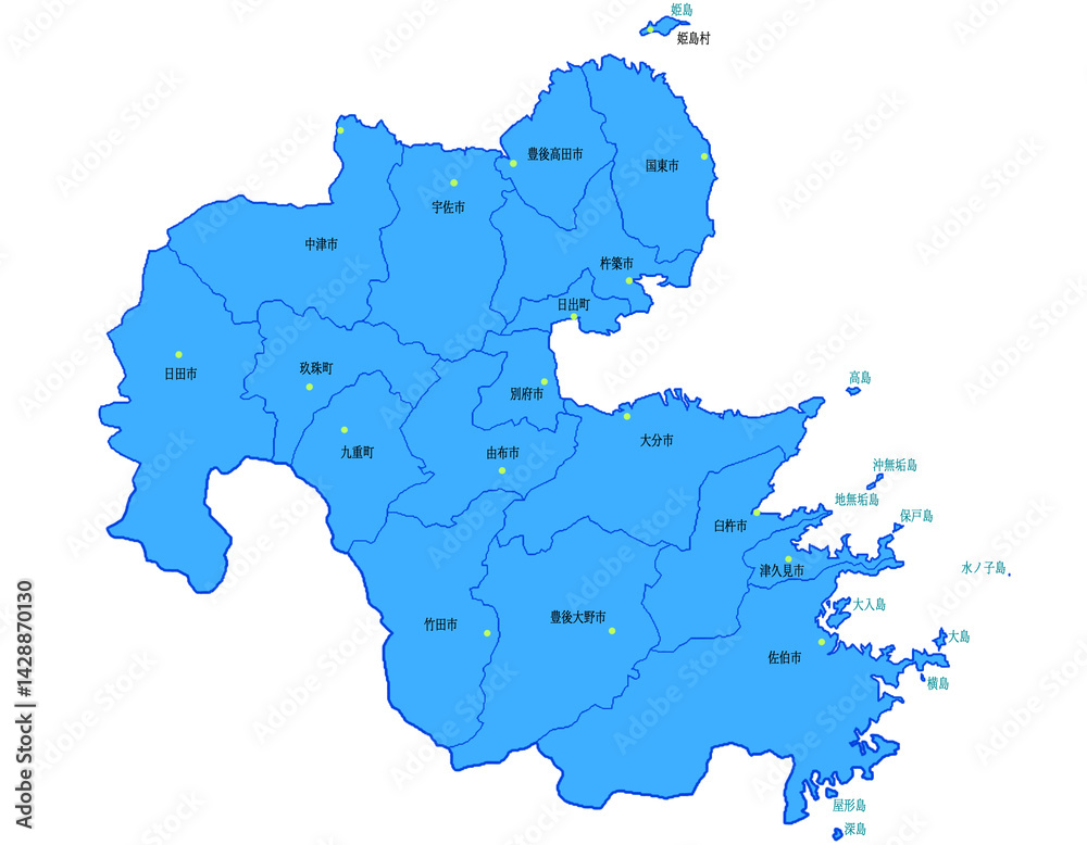 Naklejka premium 大分県 地図 ブルー 斑点 イラスト