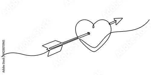 Heart with an arrow through it in one line drawing. Representing romantic affection, Heart pierced by an arrow in continuous one line drawing. Symbolizing love and passion, Heart with an arrow. Vector