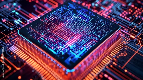 Animated AI chipset with glowing futuristic circuit and digital neon particles.