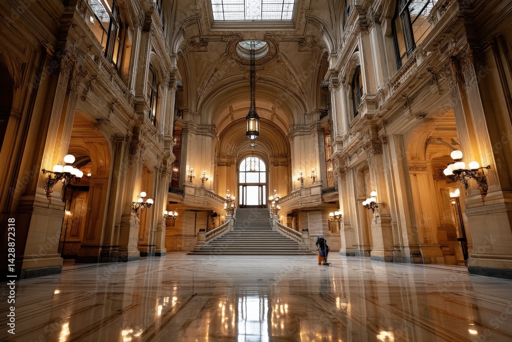Elegant Interior of Historic Building with Grand Staircase and Lighting