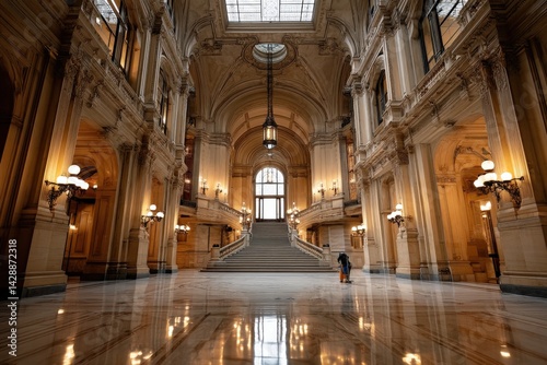 Obraz na płótnie Elegant Interior of Historic Building with Grand Staircase and Lighting w salonie