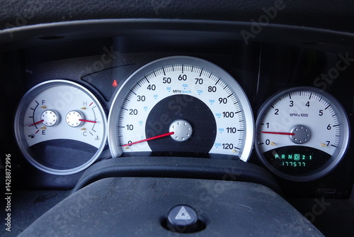 Speedometer Speed indicator, RPM indicator, fuel gauge indicator, and temperature gauge indicator on the driver side dash console.