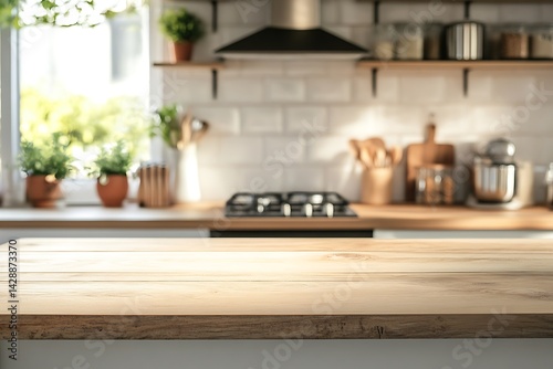 Modern Blurred Kitchen Interior Featuring a Wooden Countertop and Window Views