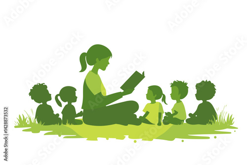 International Literacy Day, group reading education, a lot of copy space, green color palette, outdoor learning

