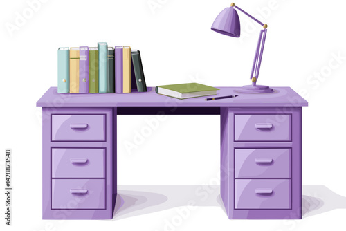 Purple desk with books and lamp in flat style