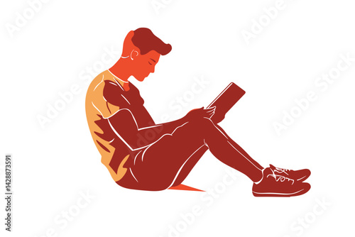 International Literacy Day, male youth reading, a lot of copy space, sitting pose, flat red tones

