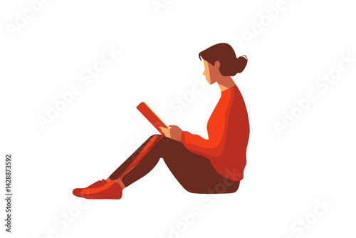 International Literacy Day, focused female reader, a lot of copy space, flat illustration, red tone


