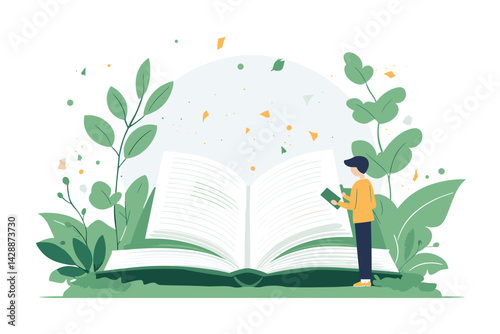 Boy reading giant book in green garden illustration