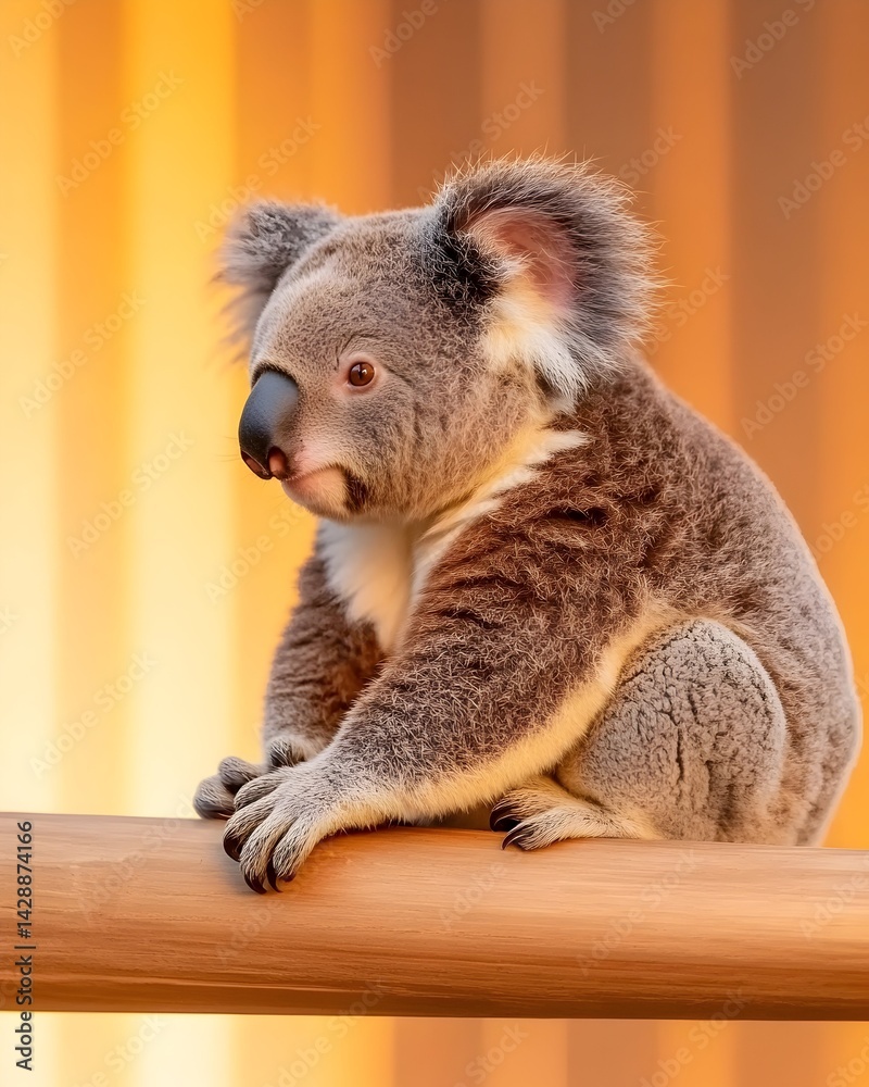 Naklejka premium Adorable koala sitting on a branch against a warm, blurred background