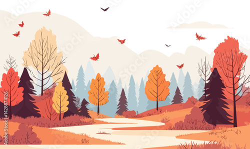 Autumn Forest Landscape: Minimalist Vector Illustration of Vibrant Fall Scenery with Mixed Trees