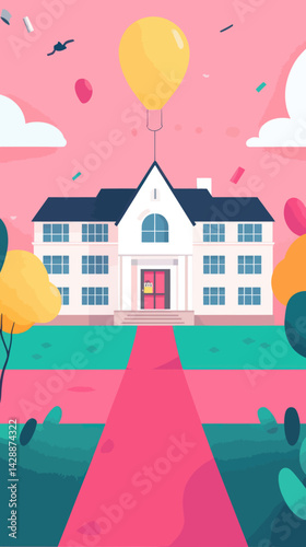 Colorful Back to School Banner with School Building and Balloon in Minimalist Style