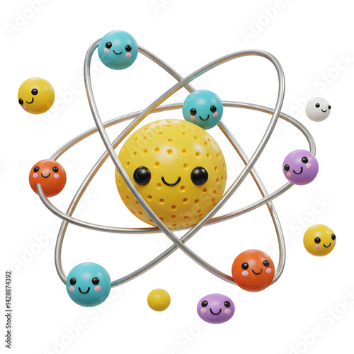 Cartoon sun as an atom nucleus with orbiting particles