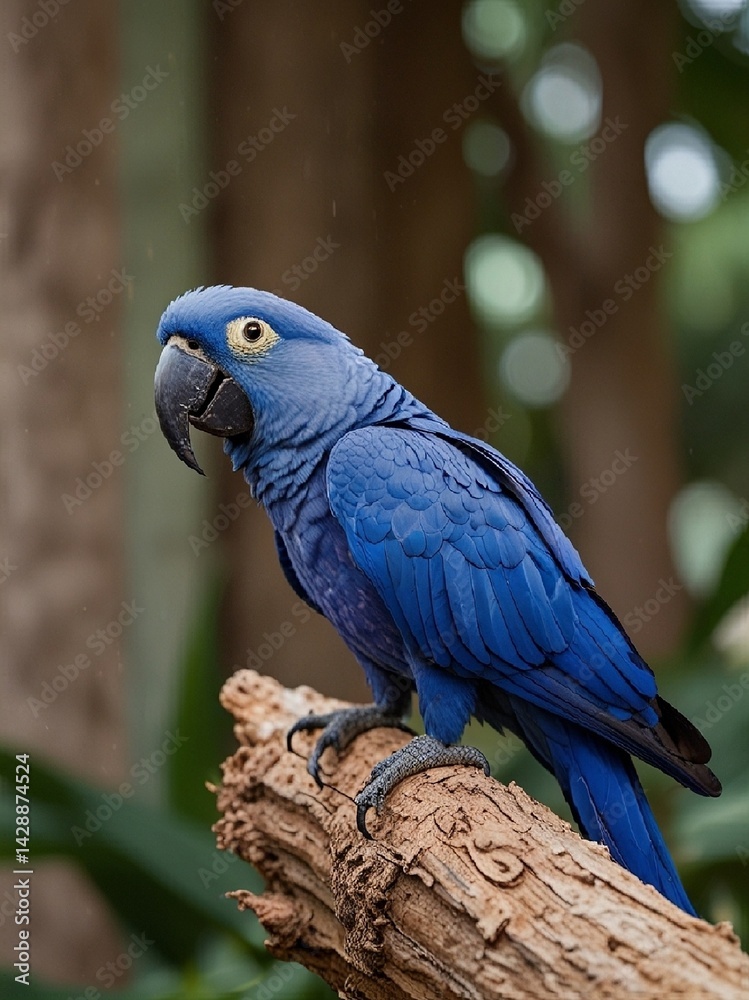 A vibrant Hyacinth Macaw sits on a tree branch, its bright blue feathers glowing in the soft light, its large black bill and bright yellow eye rings creating a bold contrast. AI generated.