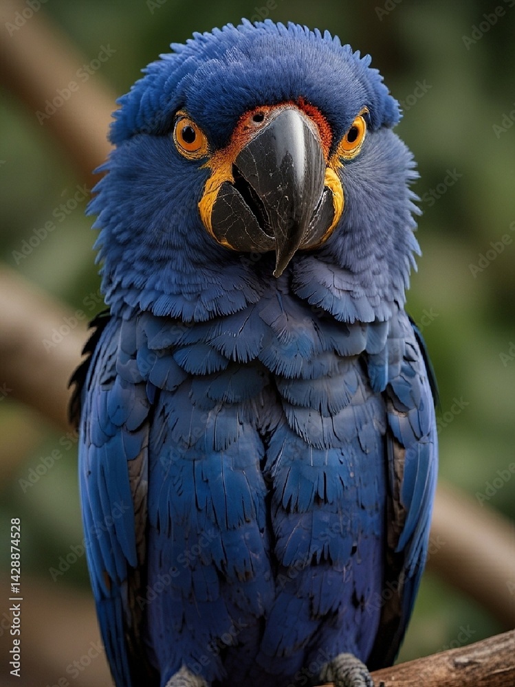 A vibrant Hyacinth Macaw sits on a tree branch, its bright blue feathers glowing in the soft light, its large black bill and bright yellow eye rings creating a bold contrast. AI generated.