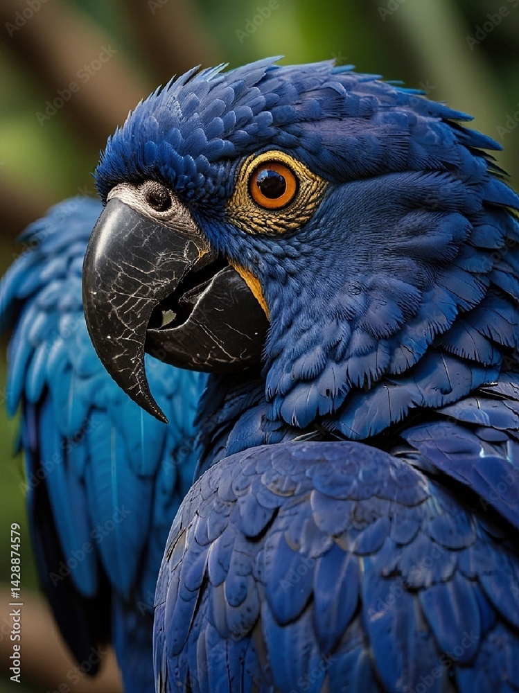 A vibrant Hyacinth Macaw sits on a tree branch, its bright blue feathers glowing in the soft light, its large black bill and bright yellow eye rings creating a bold contrast. AI generated.