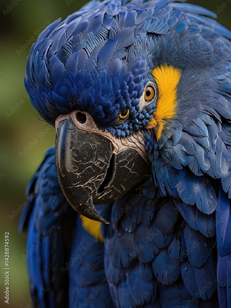 A vibrant Hyacinth Macaw sits on a tree branch, its bright blue feathers glowing in the soft light, its large black bill and bright yellow eye rings creating a bold contrast. AI generated.