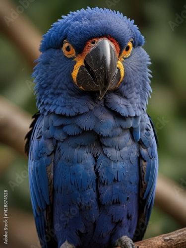 Obraz na płótnie A vibrant Hyacinth Macaw sits on a tree branch, its bright blue feathers glowing in the soft light, its large black bill and bright yellow eye rings creating a bold contrast. AI generated. w salonie