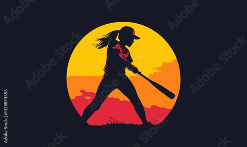 Minimalist Softball Girl Silhouette Vector Art with Sunset Gradient Background