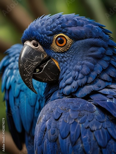 Obraz na płótnie A vibrant Hyacinth Macaw sits on a tree branch, its bright blue feathers glowing in the soft light, its large black bill and bright yellow eye rings creating a bold contrast. AI generated. w salonie