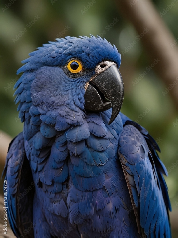 A vibrant Hyacinth Macaw sits on a tree branch, its bright blue feathers glowing in the soft light, its large black bill and bright yellow eye rings creating a bold contrast. AI generated.