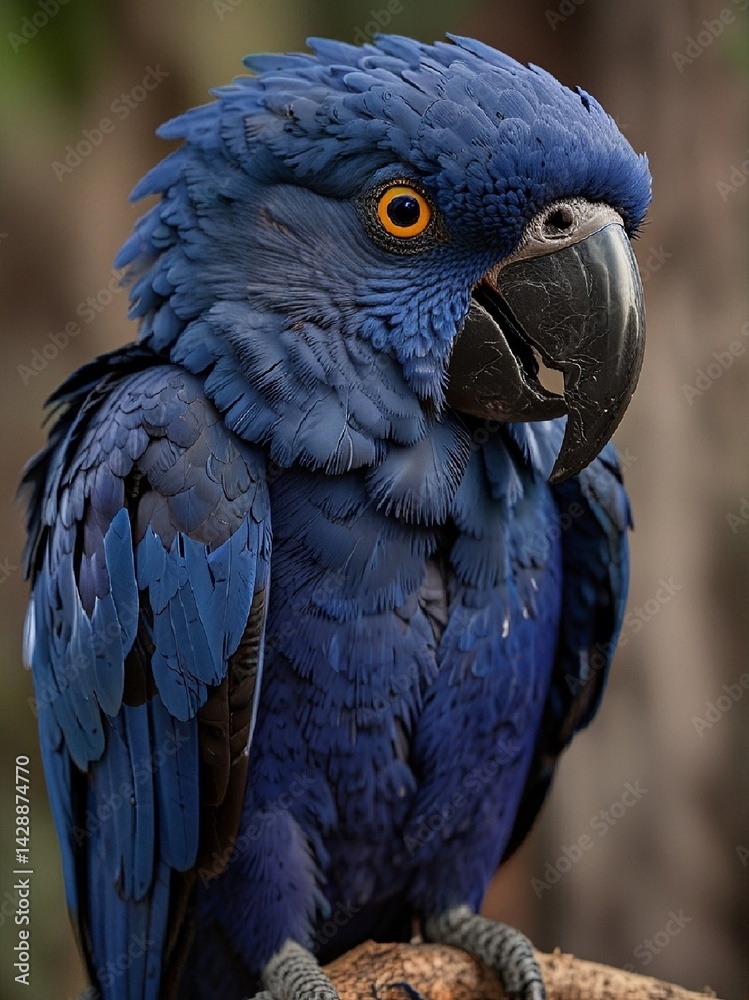 A vibrant Hyacinth Macaw sits on a tree branch, its bright blue feathers glowing in the soft light, its large black bill and bright yellow eye rings creating a bold contrast. AI generated.