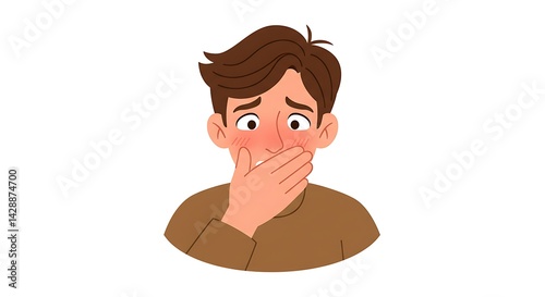 Worried Cartoon Man Covering His Mouth Expressing Discomfort or Embarrassment