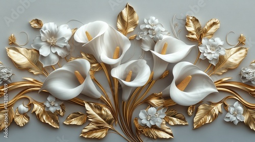 Elegant 3D wallpaper featuring exquisite golden calla lilies and soft white flowers against a light gray Art Nouveau backdrop