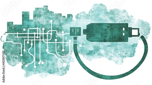 Abstract illustration of teal green data cable connected to a circuit board city, depicted in a watercolor style. The image evokes themes of digital connectivity, urban technology, and technological