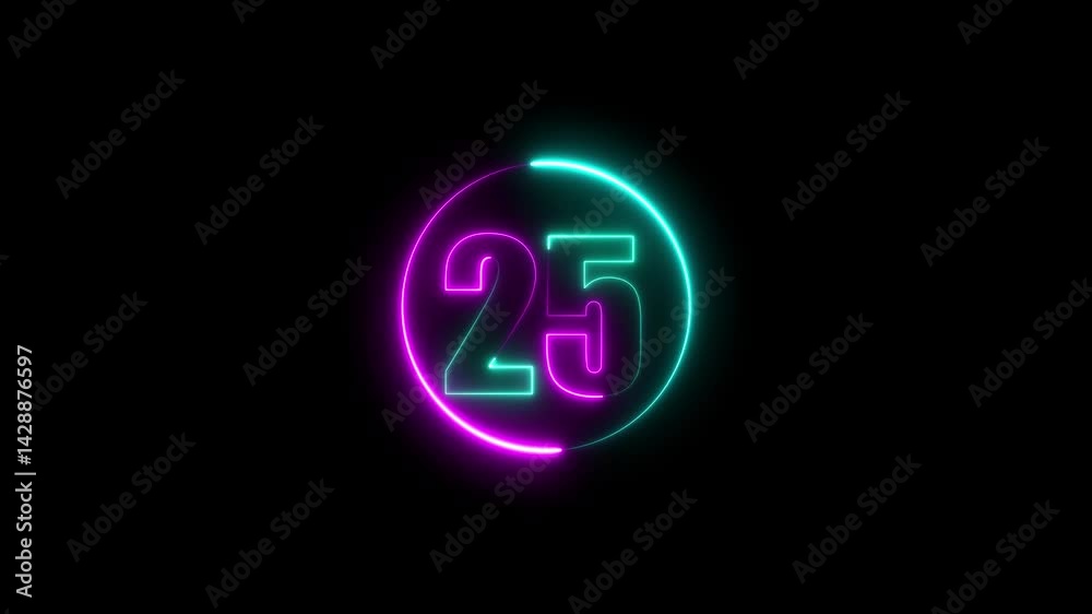 A circle with a purple neon icon on a black background and the text 25 in the middle of it. A circle with a purple neon icon on a black background and the text 25 in the middle of it.
