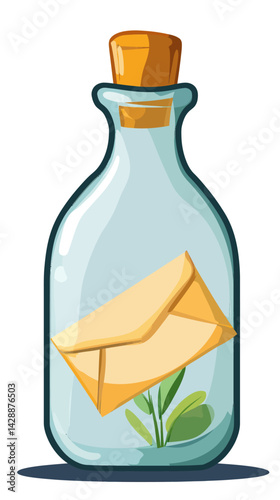 Vintage Message in a Bottle Illustration with Envelope, Flat Minimalist Style Vector