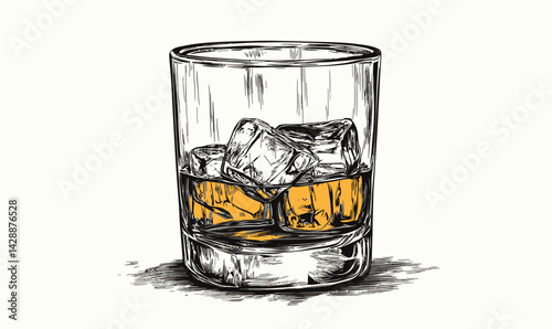 Elegant Hand-Drawn Whiskey Glass Illustration in Minimalist Engraving Style