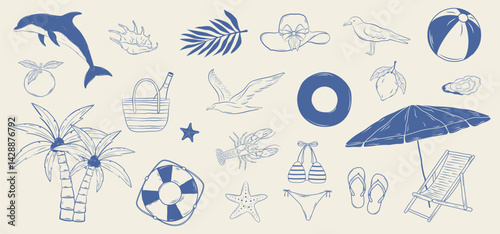 Hand-drawn summer vacation icons. Monochrome ink vector illustration with palm tree, seagull, chaise lounge, shells, lifebuoy, swimsuit, hat, flip-flops.