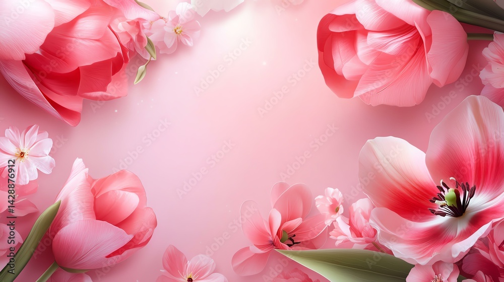 Fototapeta premium Beautiful arrangement of pink tulips and blossoms on a soft pink background.