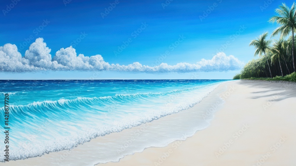 Ocean waves lapping sandy beach, palm trees. Ocean waves lapping sandy beach, palm trees.