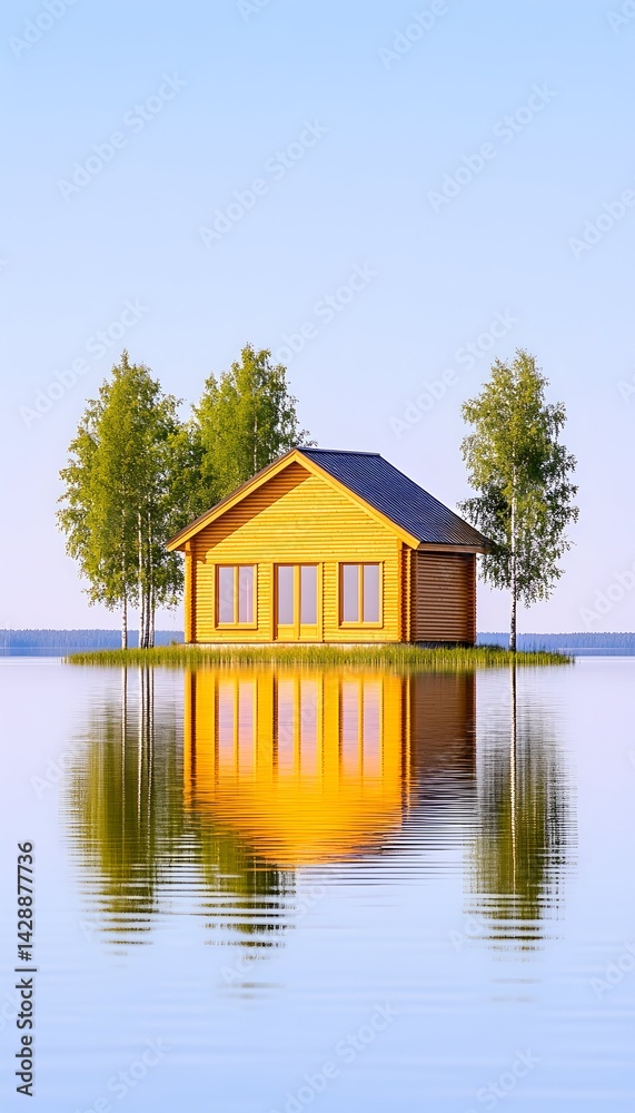 Fototapeta premium Serene lakeside cabin reflected in calm water, minimalist design