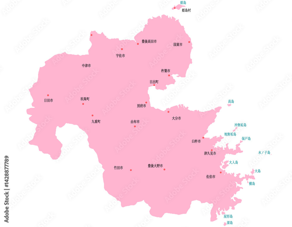 Obraz premium 大分県 地図 ピンク 斑点 イラスト