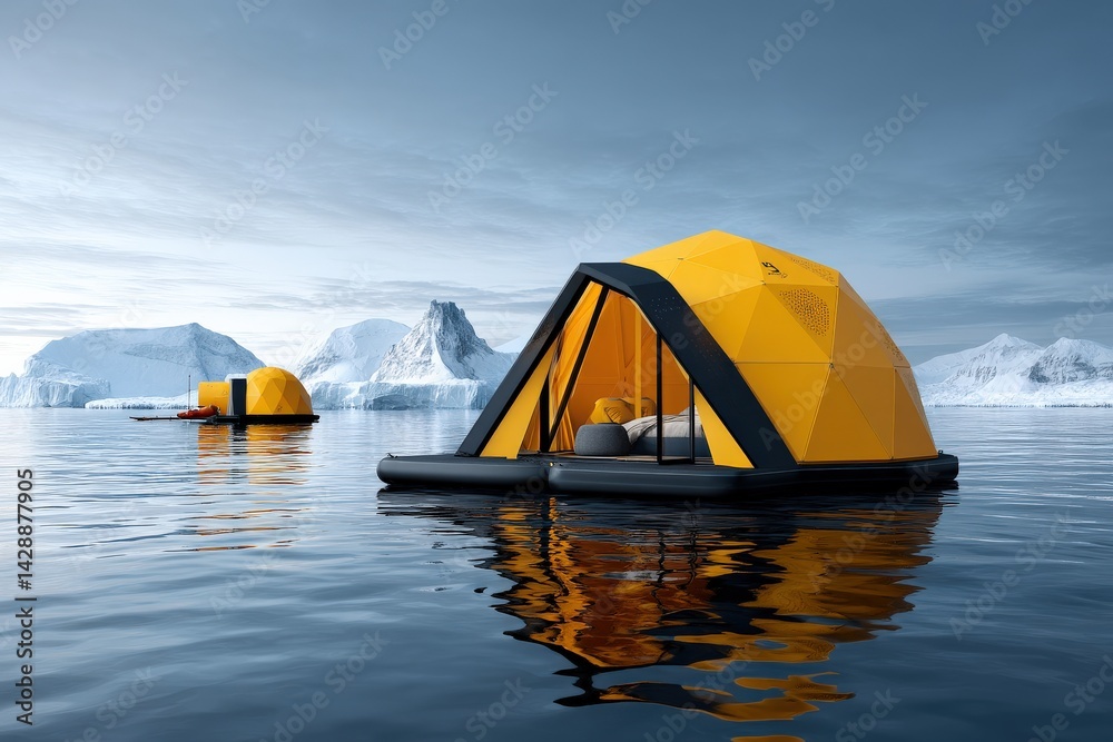 Floating yellow tents on water with icy mountains in background