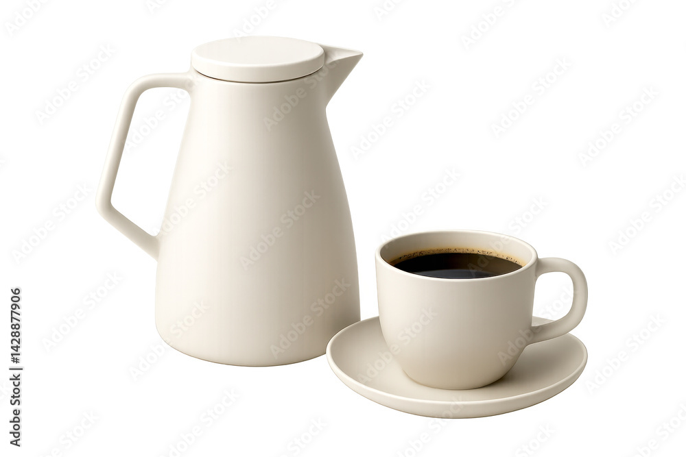 3d rendering of a coffee pot and a full cup of coffee on a transparent background, ideal for cafe, restaurant, and breakfast themed projects