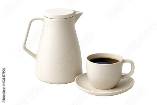 Obraz na płótnie 3d rendering of a coffee pot and a full cup of coffee on a transparent background, ideal for cafe, restaurant, and breakfast themed projects w salonie