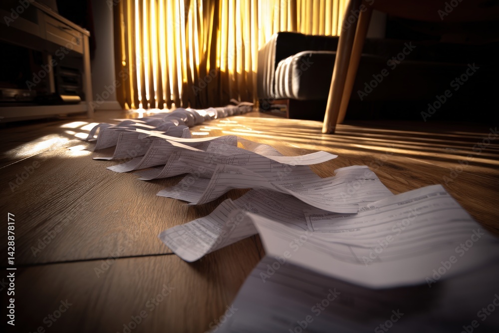 Flowing Paper Trail on Wooden Floor with Sunlight Streaming In