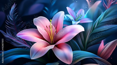 Vibrant pink lilies bloom amidst lush green foliage in this stunning floral composition.