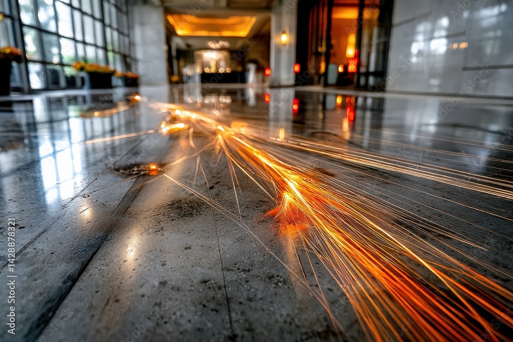 Flowing Sparks on Polished Surface in Modern Interior Space