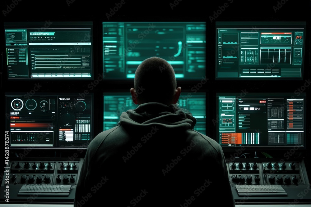 Focused Analyst in Front of Multiple Digital Displays and Graphs